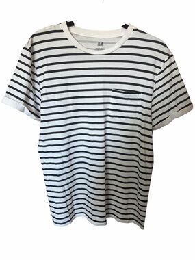 H&M White Tee with Black Horizontal Stripes and Chest Pocket